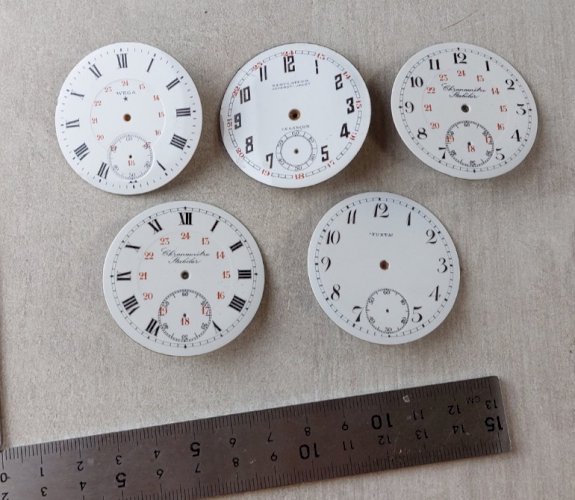 Lot de 5 anciens cadrans de montre gousset émaillé, Régulateur, chronomètre ^