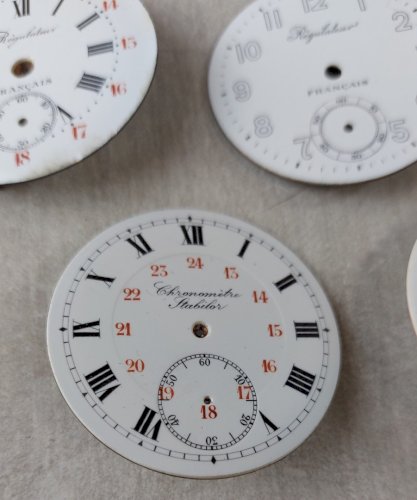 Lot de 5 anciens cadrans de montre gousset émaillé, Régulateur, chronomètre ^
