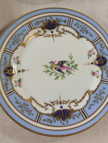Lot de 5 assiettes, décor oiseaux, bord bleus, en porcelaine de Meissen ^