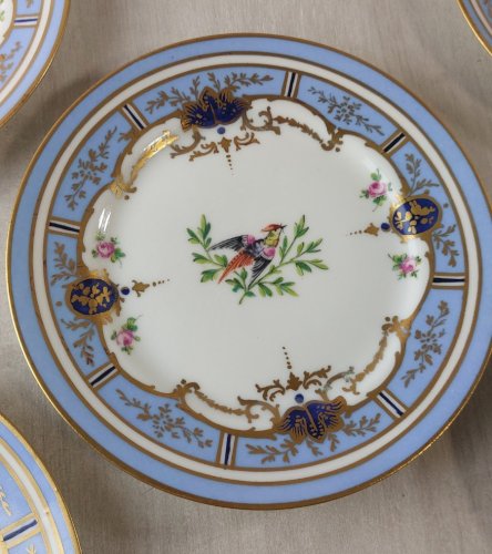 Lot de 5 assiettes, décor oiseaux, bord bleus, en porcelaine de Meissen ^