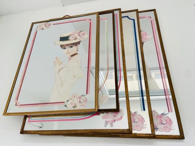 ?Lot de 5 miroirs vintage sérigraphiés - Années 70's Romantique Ancien?