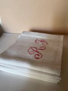 Set of 5 antique damask napkins with red monogram R F