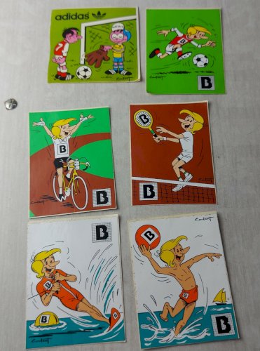 Lot de 6 anciens autocollants / stickers, BNP / Adidas, par Coutant, vintage
