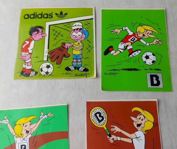Lot de 6 anciens autocollants / stickers, BNP / Adidas, par Coutant, vintage