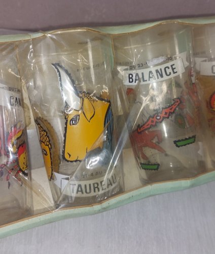 Lot de 6 anciens verres, décor signes astrologique, ADP France, Saint Gobain ^