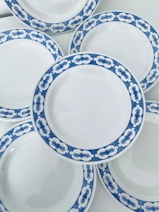 Set of 6 vintage dessert plates - Art Deco blue frieze pattern