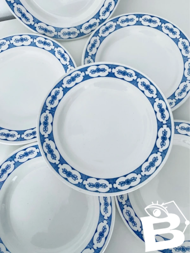 Lot de 6 assiettes à dessert vintage - Décor frise bleue Art Déco