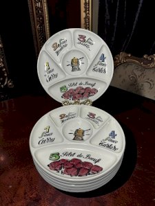 Lot de 6 assiettes à fondue Gien vintage – Porcelaine française – Assiettes à compartiments – Décor sauces