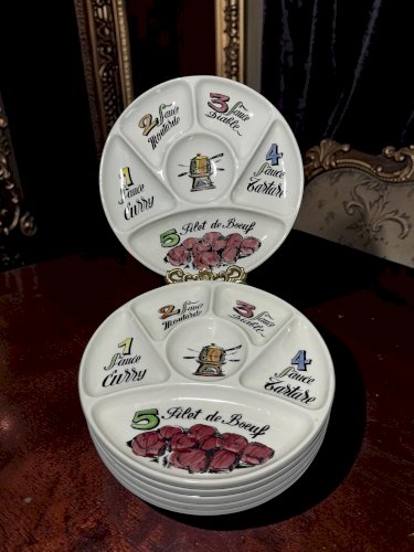 Lot de 6 assiettes à fondue Gien vintage – Porcelaine française – Assiettes à compartiments – Décor sauces