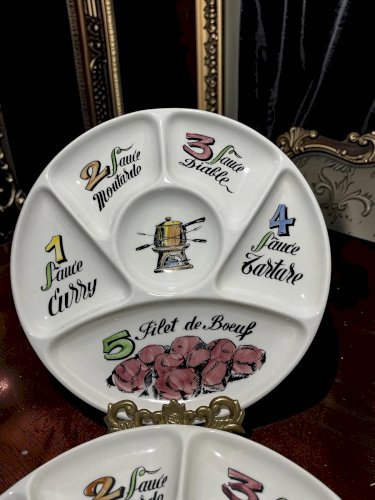 Lot de 6 assiettes à fondue Gien vintage – Porcelaine française – Assiettes à compartiments – Décor sauces