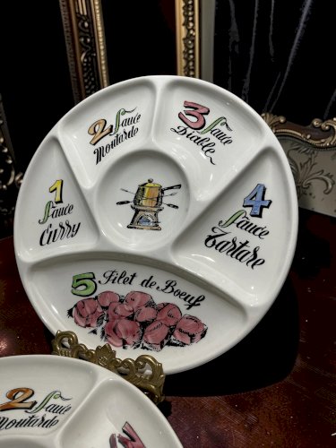 Lot de 6 assiettes à fondue Gien vintage – Porcelaine française – Assiettes à compartiments – Décor sauces