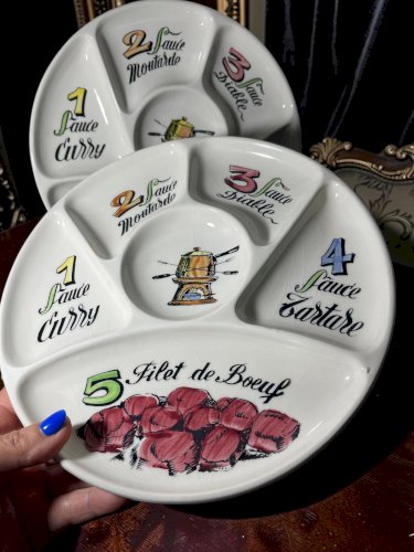 Lot de 6 assiettes à fondue Gien vintage – Porcelaine française – Assiettes à compartiments – Décor sauces