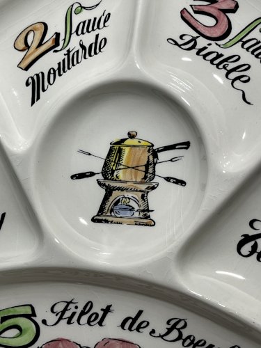 Lot de 6 assiettes à fondue Gien vintage – Porcelaine française – Assiettes à compartiments – Décor sauces
