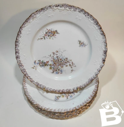 Lot de 6 assiettes anciennes Creil et Montereau XIXe siècle – décor floral en relief doré