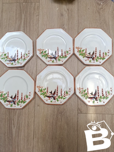 lot de 6 belles assiettes a dessert decor oiseaux longwy  modele Bengali en bon etat