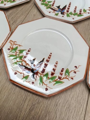 lot de 6 belles assiettes a dessert decor oiseaux longwy  modele Bengali en bon etat