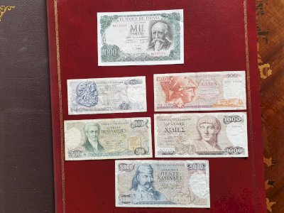Set of 6 banknotes Spain 1000 Pesetas 1971 UNC and Greece complete series from the 80s including the 5000 drachmas.