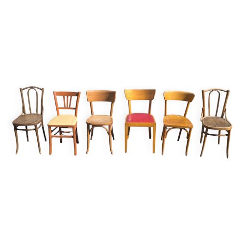 Lot de 6 chaises de bistrot dépareillées bois vintage