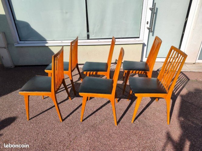 Lot de 6 chaises scandinave bois et skaï vintage