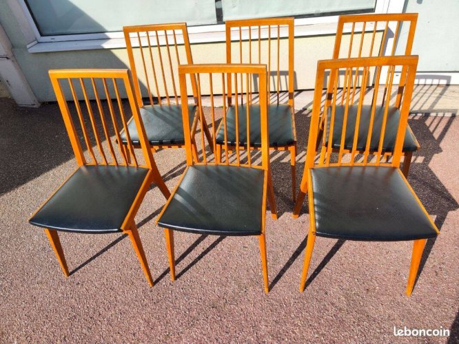 Lot de 6 chaises scandinave bois et skaï vintage