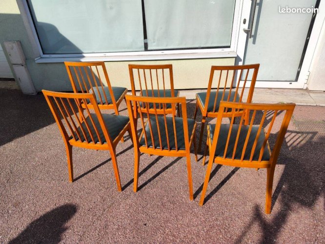 Lot de 6 chaises scandinave bois et skaï vintage