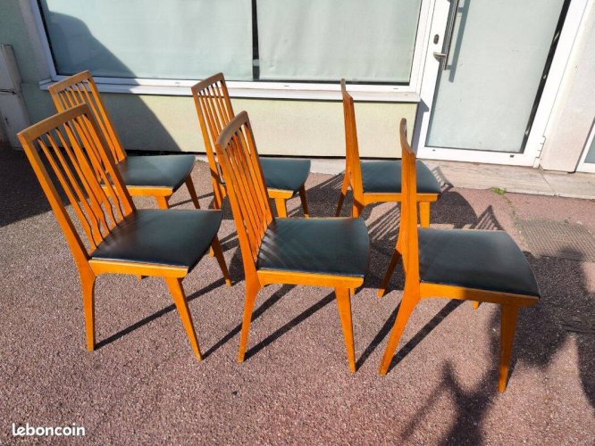 Lot de 6 chaises scandinave bois et skaï vintage