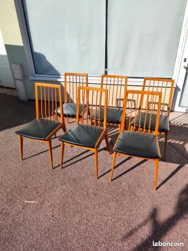 Lot de 6 chaises scandinave bois et skaï vintage