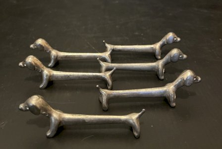 Set of 6 vintage metal dachshund basset knife holders humor