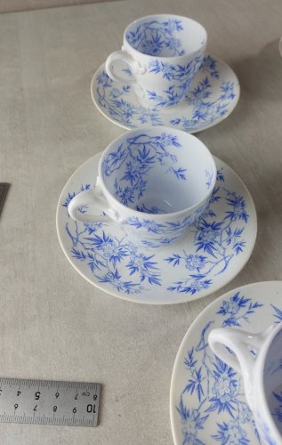 Lot de 6 tasses + sous tasses, en porcelaine de Sarreguemines, épines bleues