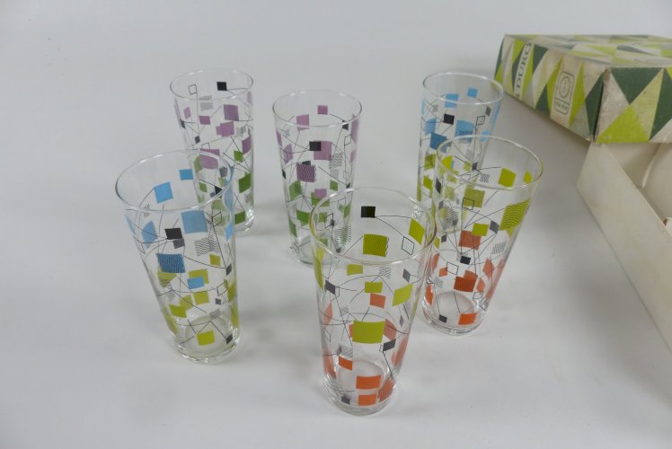 Lot de 6 verres sérigraphiés Durobor vers 1950.