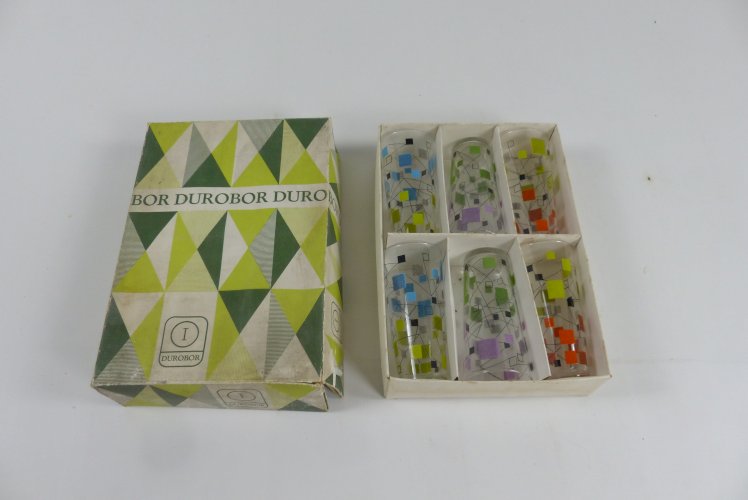 Lot de 6 verres sérigraphiés Durobor vers 1950.