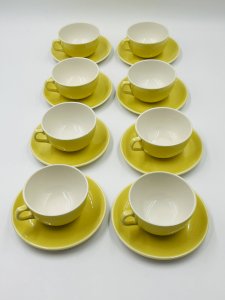 Set of 8 Vintage Boch Frères Yellow Cups and Saucers