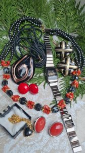 vintage glass jewelry lot and coral and hematite necklace for small gift