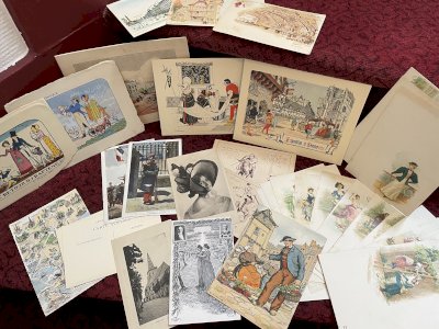 Lot de cartes postales anciennes, chromo, menus décorés, début XXème