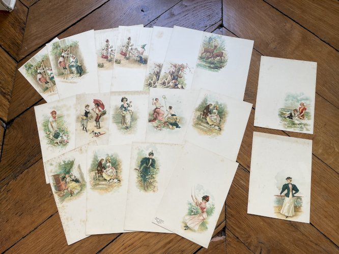 Lot de cartes postales anciennes, chromo, menus décorés, début XXème