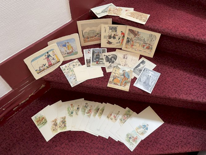Lot de cartes postales anciennes, chromo, menus décorés, début XXème