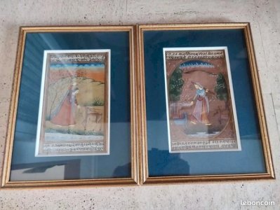 A pair of Persian gouaches depicting women feeding deer.