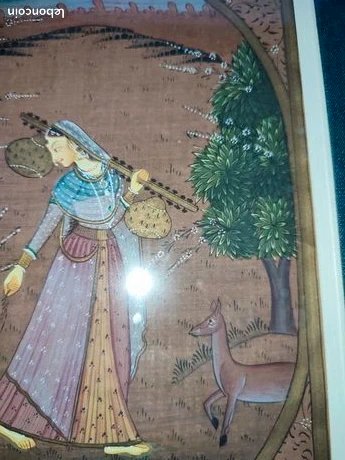 Lot de deux gouaches persanes reprensentant des femmes nourrissant des cervides