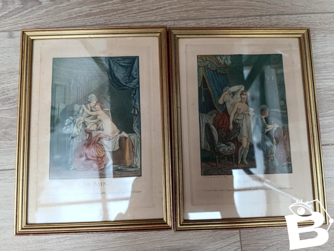lot de deux petites gravures ancienne par Regnault le bain et  le lever en bon etat