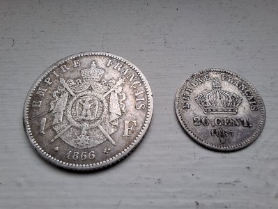 Set of two silver coins Napoleon III 1866 and 1867