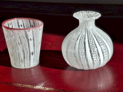 Set of Mini vase and Small twisted and filigree blown glass pot from Murano