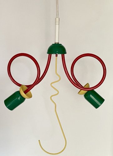 Luminaire lustre suspension vintage rouge vert jaune style Memphis circa 1980