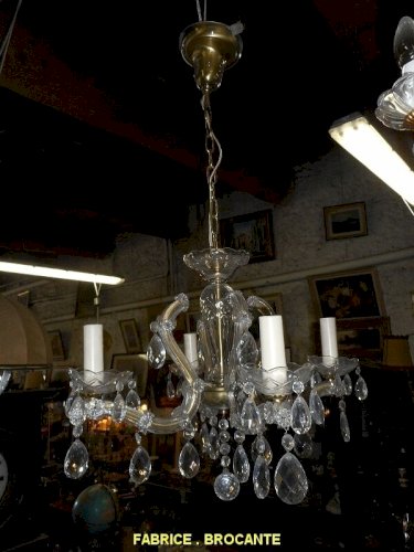 LUSTRE 4 AMPOULES A PAMPILLES EN LAITON GAINE DE VERRE N 21