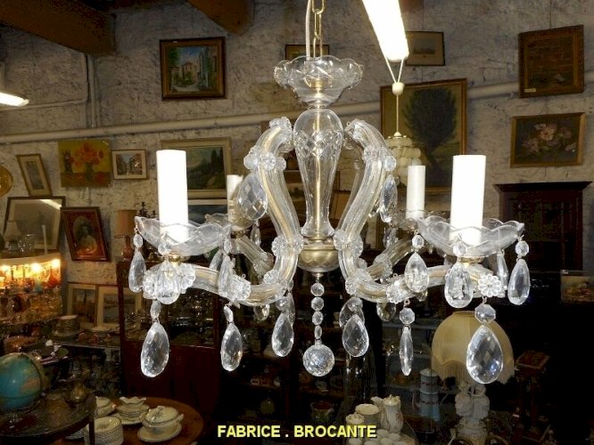 LUSTRE 4 AMPOULES A PAMPILLES EN LAITON GAINE DE VERRE N 21