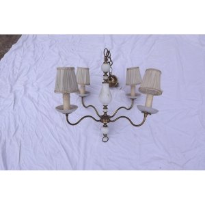 Chandelier, 4 Arms, Gold Metal and Opaline