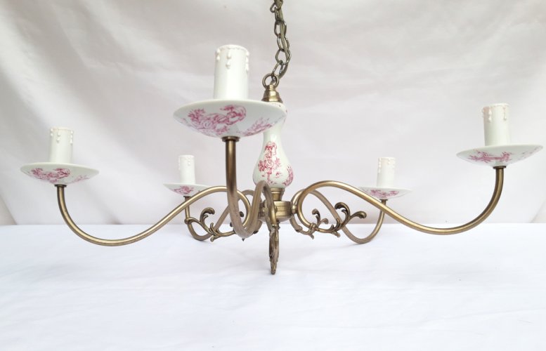 Lustre 5 feux porcelaine rose & métal argenté
