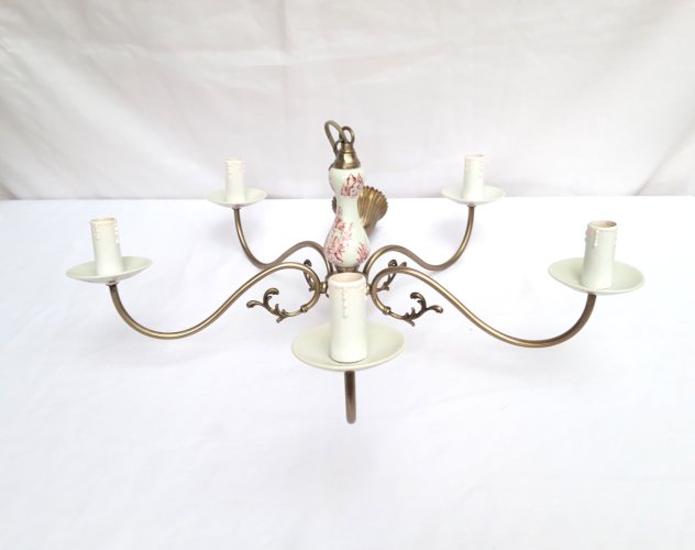 Lustre 5 feux porcelaine rose & métal argenté