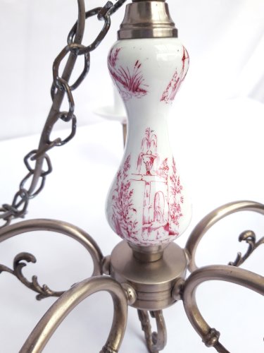 Lustre 5 feux porcelaine rose & métal argenté