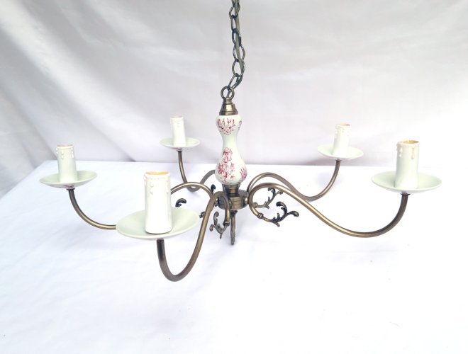 Lustre 5 feux porcelaine rose & métal argenté
