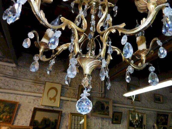 LUSTRE A PAMPILLES 5 AMPOULES EN CRISTAL ET BRONZE N 17